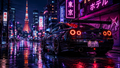 Nissan GT-R R34 in rainy Tokyo neon streets at night