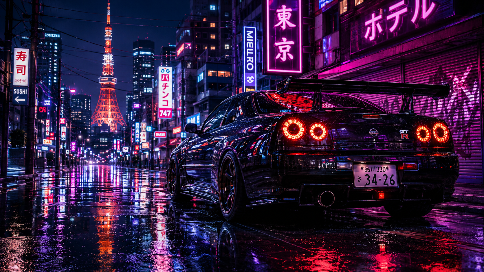 Nissan GT-R R34 in rainy Tokyo neon streets at night