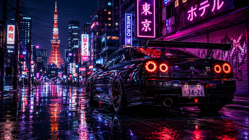Nissan GT-R R34 in rainy Tokyo neon streets at night