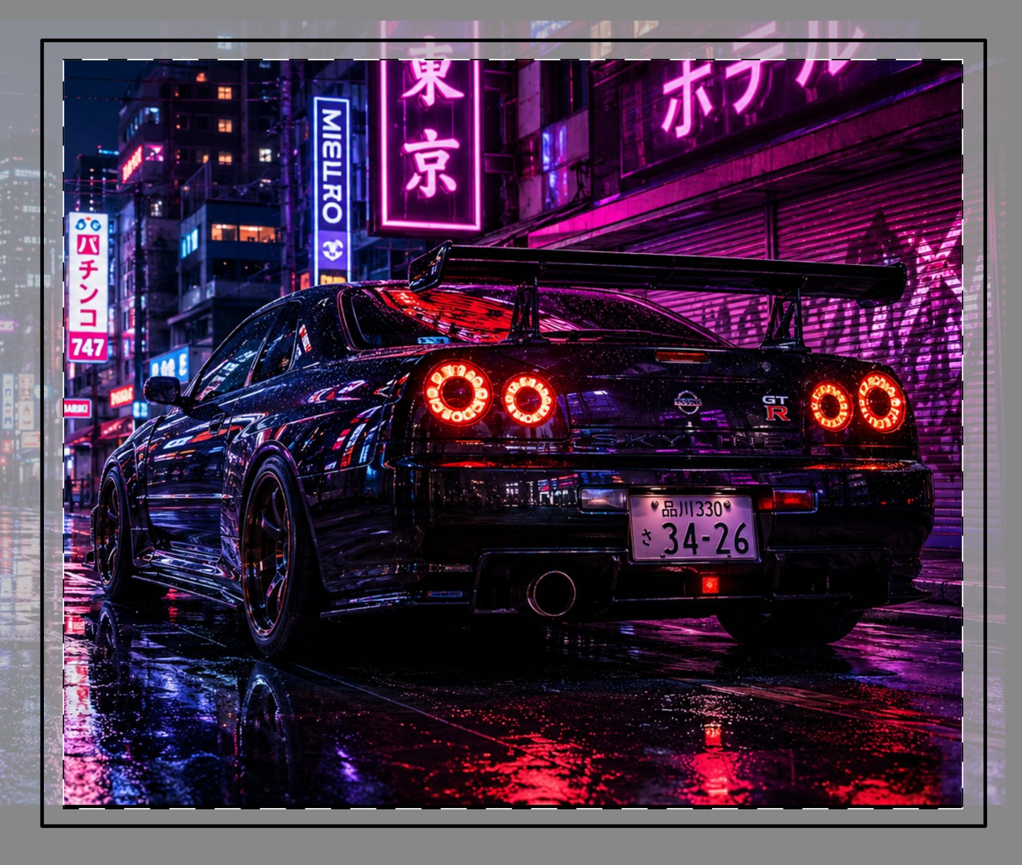 Neon Night Skyline Desk Mat — Racing Skyline Stitched-Edge Mouse Pad